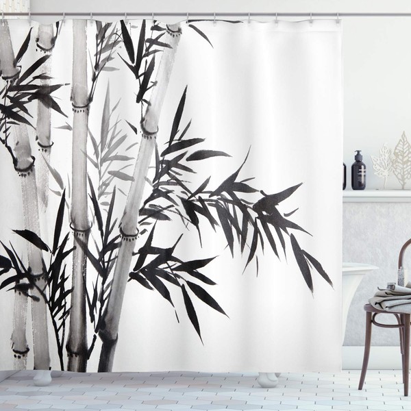 Ambesonne Bamboo Shower Curtain, Bamboo Tree Image Traditional Chinese Calligraphy