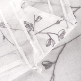 Woltu #1895-2 Set of 2 Transparent Curtains, Embroidered Flowers, with Ruffle Tape, Linen Look, Double Pack Voile Window Curtains, Decorative Curtains for Living Room, Bedroom