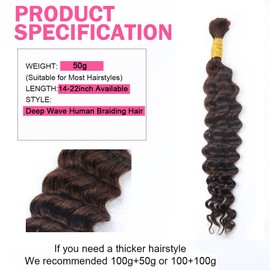 Brown Braiding Hair 50 g 35 cm 14 Inch Deep Water Wave Bulk Human Hair for Braiding 1 Bundle Curly Hair Extensions for Boho Braids Wet and Wavy #4 Human Braiding Hair