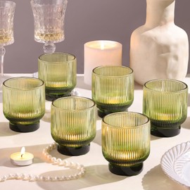 Green Votive Candle Holders Set of 6-2.55" x 3" Gradient Tea Lights Candle Holders Glass with Stylish Ribbed Design, Large Votive Holders for Wedding Centerpieces, Christmas, Vintage Party Home Decor