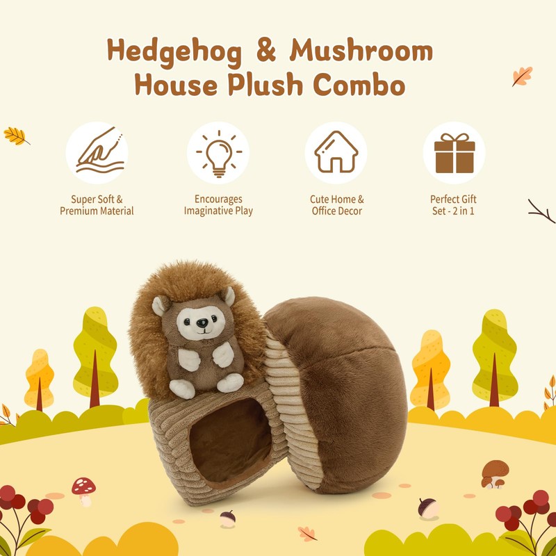 MaoGoLan 2pcs Hedgehog Stuffed Animal - 12" Mushroom Plush House