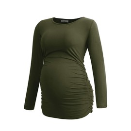 Smallshow Women's Maternity Shirts Long Sleeve Pregnancy Clothes Tops 3-Pack Large Army Green-Deep Green-Light Grey Stripe