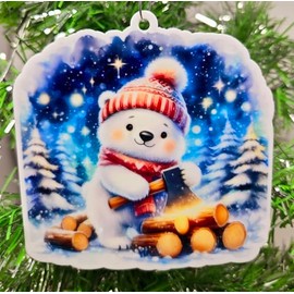 Polar Bear Ornament - Lumberjack Log Cutting Polar Bear Winter Themed Christmas Ornament