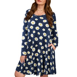 JollieLovin Women Long Sleeve Dress with Pockets Plus Size Swing Casual Loose Tshirt Dresses(2X,3-Navy Blue)