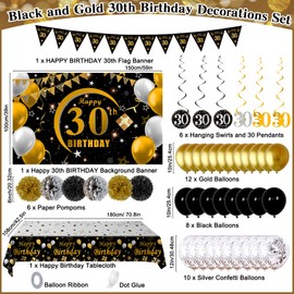 30th Birthday Decorations Men Women, 30th Birthday Banner Bday Decorations for Him, Black and Gold Happy 30 Bday Party Decoration Backdrop Balloons Banners Tablecover, 30 Year Old Bday Gifts for Men
