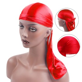 Headwrap Tail Bandanas Long Tail Wide Straps Du-rag Head Pirate Hat Bandanas for Women Hip-Hop Tail Satin Headscarf Pirate Cap with Long Men's Hat Wave Durags Pack of 2 Black and Red