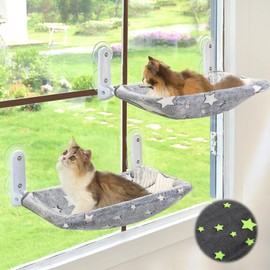 Zoratoo 2PC Cat Window Perch, Glow in The Dark Cordless Foldable Cat Hammock Bed for Window with Sturdy Metal Frame, Stars Pattern Window Resting Seat for Indoor Cats (Stars Cat Bed, M-2PC)