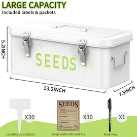 Orionstar Seed Storage Organizer, Metal Seed Saving Box with Lid, Seed Bin with 30 Plant Labels 30 Seed Envelopes 1 Marker Pens, 4 Compartments Box with Safety Locks, White