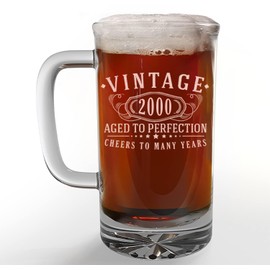 Vintage 2000 Etched 16oz Glass Beer Mug - 24th Birthday Gifts for Men - Cheers to 24 years old - 24th birthday decorations for him - Best Engraved Beer Gift ideas for Men - Dad Grandpa 2.0