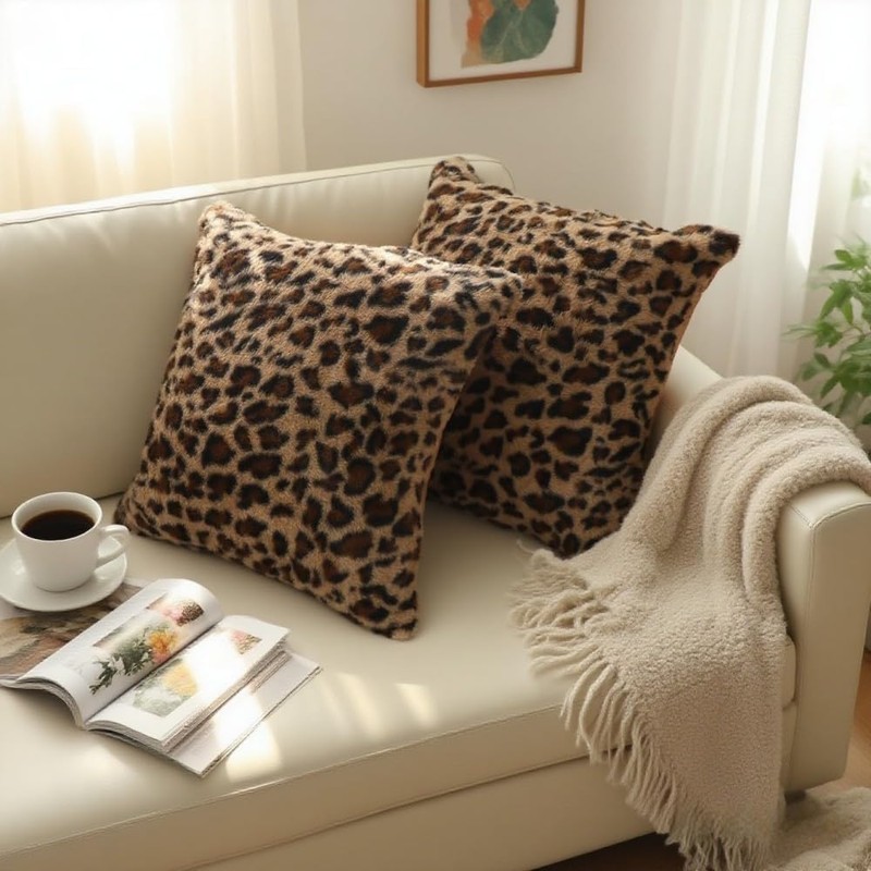 QIFONIX Leopard Print Throw Pillow Covers,Plush Faux Fur (Brown,18" x