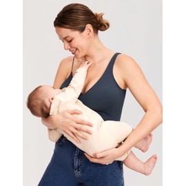 MOMANDA Brasiers de Lactancia para Mujer Sujetador de Lactancia Deportivo de Línea Larga Cuello en V Camiseta sin Mangas con Sujetador Incorporado Azul Twilight X-Grande