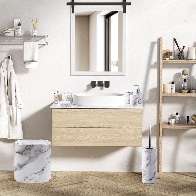 InnJoey Bathroom Accessories Set, 9-Piece Marble White Bathroom Set, White