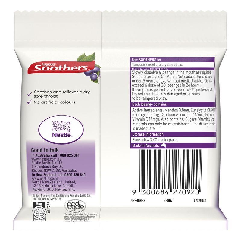 SOOTHERS Blackcurrant Sore Throat Lozenges 30 Pack, 120g