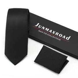 Junmaxroad Mens Tie Set Solid Color 3.15" (8CM) Black Formal Necktie and Pocket Square Set in Gift Box
