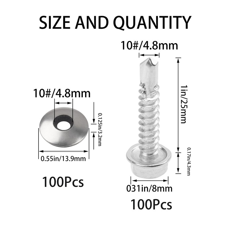 Rrina 100Pcs #10x1'' Self Drilling Screws with Rubber Washer, 410