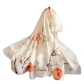 Silk Scarf Women Chiffon Shawl Lotus Scarf Neckerchief Long Head Wrap Thin Scarf Beach Women Hijab Belt Vintage Bridal Shawl Binder Chiffon Scarf Colorful Cloth White Green180*90CM (White-rose)
