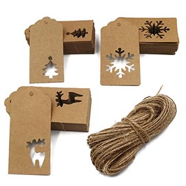 150Pcs Paper Tags,Christmas Tags with 100 Feet Jute Twine,Christmas Tree Tags,Snowflake Tags,Reindeer Tags for DIY Christmas Favor Supply (Brown)