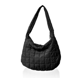 NyxSeat 1 Piece Quilted Women's Tote Bag, Checked Pattern, Fluffy Shoulder Bag with Large Capacity, Lightweight Casual Handbag for School, Work and Shopping (Black), black