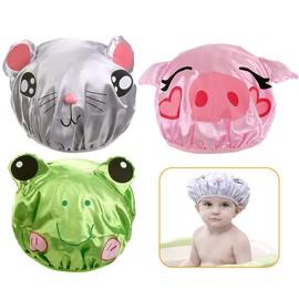 AZFUNN 3-Pack Kids Shower Caps, Girl Bath Hat of Cute Piggy Frog Hamster, Double Layer Waterproof Shower Caps