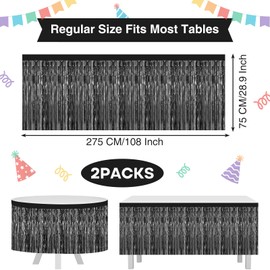 Morcheiong 2 Pack 29.5x108 Inch Black Foil Fringe Tinsel Table Skirts Disposable Table Skirt Banner for Rectangle Tables Tinsel Backdrop Curtain Party Supplies Wedding Parade Floats Decorations