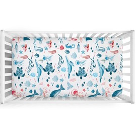 Nautical Life Baby Crib Sheet 52''x28'' Ocean Sea Turtle Whale Jellyfish Sea Horse Weeds Fitted Crib Mattress Cover for Boy Girl Nursery Bed Sheets for Standard Crib and Toddler Mattress White