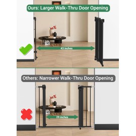 29.5-43" No Bottom Bar Baby Gate for Stairs, Auto Close Baby Gates for Doorways, Hardware Mounted, Dog/Pet Gate Indoor with Extra-Wide Walk Thru Door, Child-Proof Safety Gate for Kids (Black)