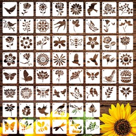 Paquete de 60 plantillas de flores para pintar sobre madera, plantillas reutilizables de mariposa para pájaros, de plástico, de abeja, juego de plantillas de pintura para manualidades (3 x 3 pulgadas)