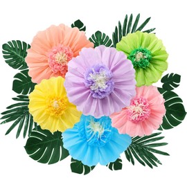 Lincia 40 Pcs Hawaiian Hibiscus Decorations Large Paper Flowers and Artificial Tropical Leaves, 24''/12'' Jumbo 3D Paper Flower Faux Leaves for Wall Luau Party Birthday Wedding (Macaron Color)