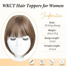 WKCT Hair Topper with Bangs Clip, 360° 3D Cover Hair Toppers for Women with Thinning Hairs, 10 Inch Straight Clip in Bangs Hairs Piece for Women Daily Wear (22H10#-Dark Brown with High Lights)