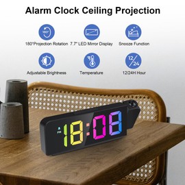 GuDoQi Projection Alarm Clock, Colorful LED Clock for Bedroom, Digital Projection Clock on Ceiling Wall with Large Number, Temperature, 12/24H Display, Adjustable Brightness, Snooze