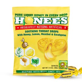 Honees Filled Honey Lemon Cough Drops- Filled with Honey, Menthol, Lemon and Eucalyptus - Nothing Artificial -Natural Sore Throat Lozenges- Non-GMO (5 Pack – 100 Drops)