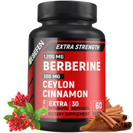 BEBEFEN Premium Berberine HCl 1200mg Plus Ceylon Cinnamon 300mg, Berberine HCI Root Supplements Pills - Non-GMO, Vegan, Gluten Free. 60 Easy to Swallow Capsules