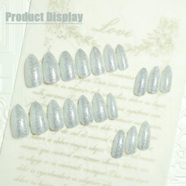 White UV Press on Nails Medium Almond Shape, Fake Nails with Sparkly Designs, Glossy Glitter Full Cover Acrylic Nails Gel Nails False Nails with Glue Stick on Artificial Fingernails for Women Girls