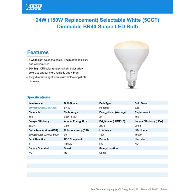 Feit Electric BR40 LED Light Bulb, 150W Equivalent, Dimmable, 5CCT,