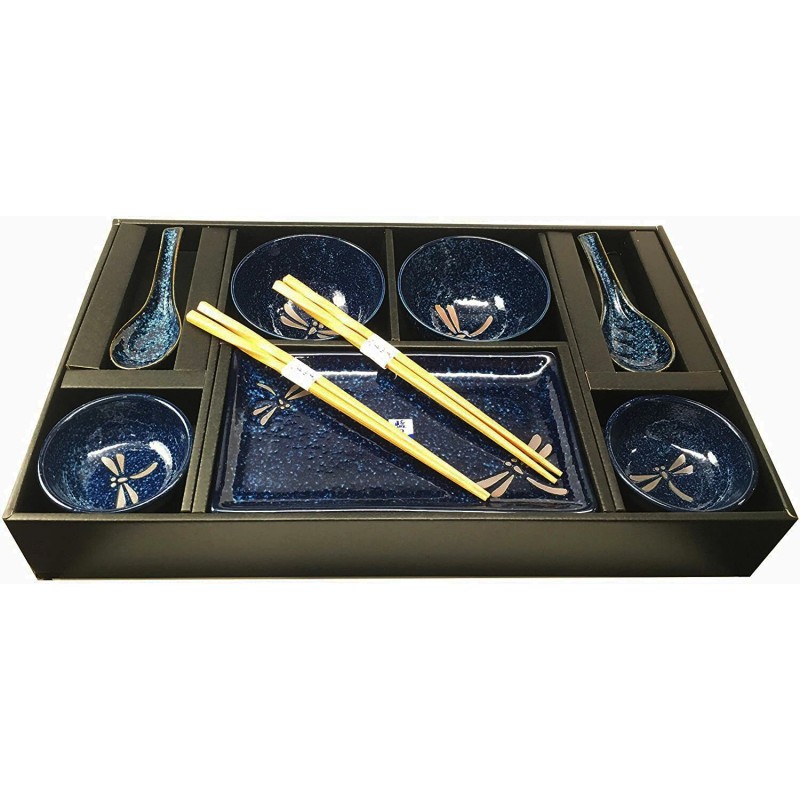 Japanese Pair Of Dragonfly Blue Motif Ceramic Sushi Dinnerware 10pc