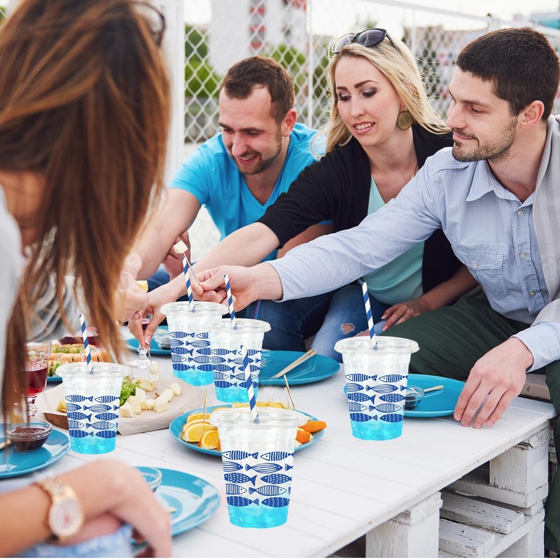 50 Pcs Blue Ocean Fish Plastic Cups with Lids and