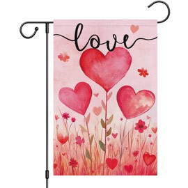 Heyfibro Valentine's Day Garden Flag 12 x 18 Inch Double Sided Burlap, Love Heart Flower Pattern Yard Flag Valentine’s Day Party Supplies for Anniversary Wedding Home Outdoor Decoration (ONLY FLAG)