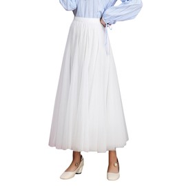 FEOYA Tulle Skirts for Women Pleated Layered Long Skirt Ladies Elegant Flowy Skirts Bridesmaid Wedding Skirt