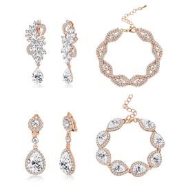 Kakonia Crystal Bracelet and Crystal Earrings for Women Rhinestone Clip-on Teardrop Dangle Earrings Bracelet Crystal Bridal Jewellery Set for Wedding Party Prom