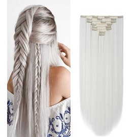 Clip In Human Hair Synthetic Full Head Hair Extension Highlights Streaks (White Straight, Full Pack)