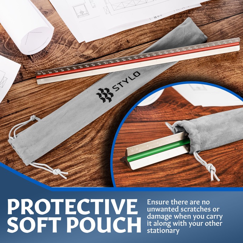 Stylo 12" Aluminum Architect Scale Ruler Laser Etched Triangle Drafting