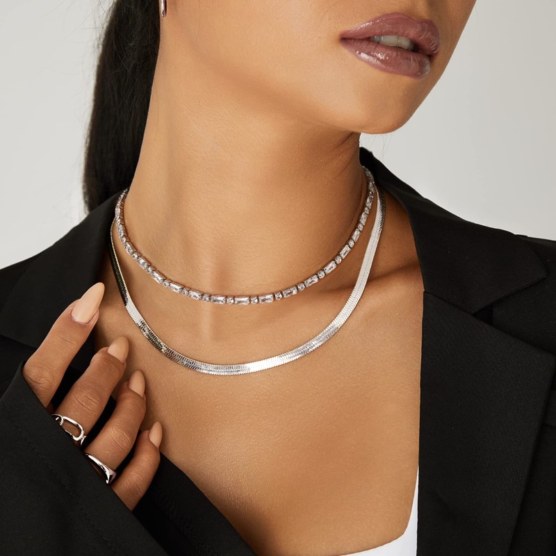 KissYan Silver Tennis Necklace for Women, White Gold Plated Diamond