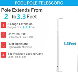 JSPJSP Pool Rod - Professional 3.3-Foot Telescopic Pool Cleaning Rod, Adjustable Telescopic Rod, Used for Cleaning Nets, Brushes, Vacuum Heads (3.3-feet)
