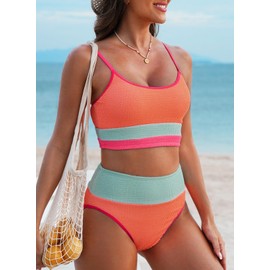 Herseas Womens High Waisted Bikini Set Color Block Ribbed Crop Top Sporty Swimsuits Tummy Control 2025 Two Piece Bathing Suits Orange Colorblock Small