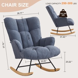 Zedachica Rocking Chair Nursery Teddy Upholstered Glider Rocker Rocking Accent Chair Padded Seat with High Backrest Armchair Comfy Side Chair for Living Room Bedroom Offices (Dark Blue Teddy)
