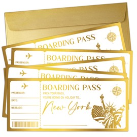 5 Set New York Boarding Pass with Gold Envelopes, 3'' x 8'' Surprise Holiday Golden Ticket, Vacation Ticket Gift, Surprise Gift Idea for Birthday Christmas Anniversary Valentine's, Party Supply-A16