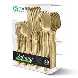 Party Bargains Disposable Plastic Gold Cutlery Set, Infinity Modern Design Utensils, 40 Pack: 16 Forks, 8 Knives, 16 Spoons