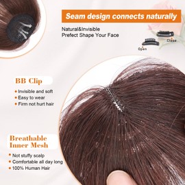 QGZ Clip in Bangs Fake Bangs Hair Clip Fringe with Temples Hairpieces 100% Real Human Hair Extensions Curved Clip On Bangs for Women(Dark Auburn Brown Wispy Bangs)