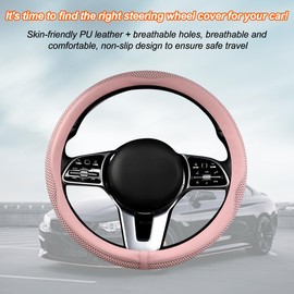 Sandfren Car Steering Wheel Cover, 15 inch Ice Silk Leather Soft Comfortable Vehicle Steering Wheel Protector, Breathable Automotive Interior Accessories, Universal for SUV Sedan Truck (Pink)