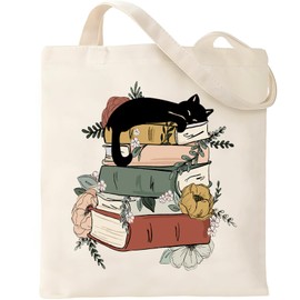 Jakayla Cute Book Tote Bag Black Cat Canvas Tote Bag for Women Book Lovers Gifts Aesthetic Flower Tote Bags with Interior Pockets Gifts for Readers Bookish Gifts